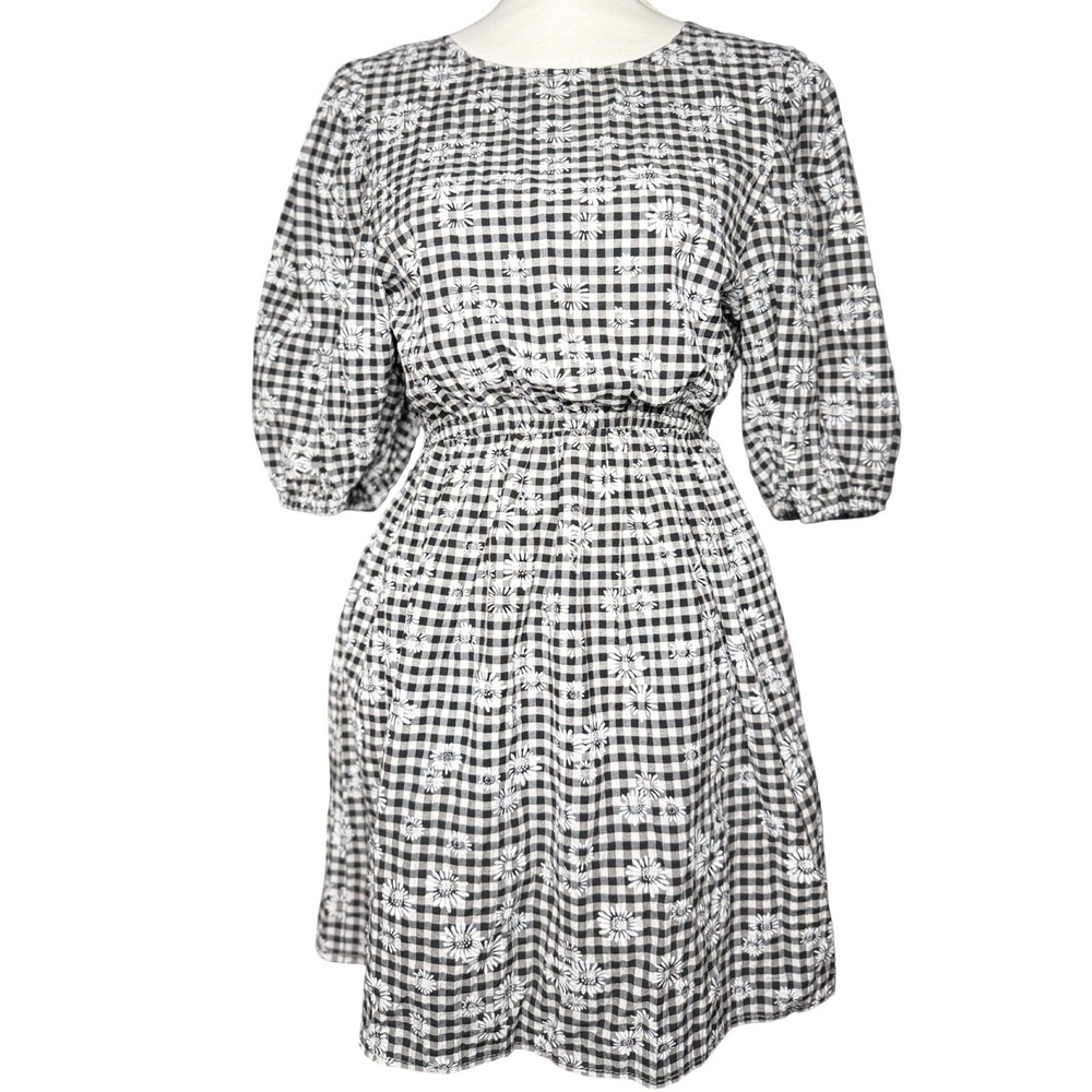 Gingham‎ Floral Mini Dress Puff Sleeve Cottagecore Black White USA S